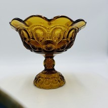 L.E. Smith Moon &amp; Stars Amber Art Glass Pedestal Candy Bowl Dish 7in x 8in - $40.50