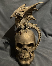 Mythical Black Dragon Perched On Human Skull Figurine - £4.98 GBP