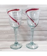 2-Mexican Art Glass Hand-Blown Swirl Wine Glass Goblets Green/Red - £16.25 GBP