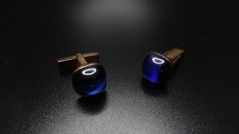 Vintage 10k GF Gold Blue Black Cats Eye Cufflinks - £23.81 GBP