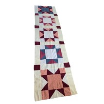 Handmade Quilt Top with Star Pattern 94&quot; x 23&quot; Cotton Fabric Red &amp; Blue - $55.26 CAD