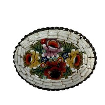 Italian Oval Micro Mosaic Brooch Vintage Flower Garden Oval Goldtone Pin Brooch - £44.83 GBP