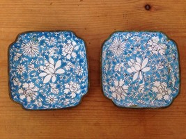 Vtg Chinese Cloisonne Enameled Lotus Floral Square Jewelry Trinket Bowls Dishes - £47.78 GBP