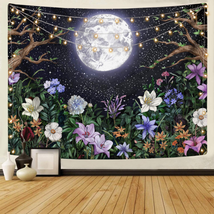 Aesthetic Moon Garden Tapestry Wall Hanging Night Landscape With Colorful Plants - £23.20 GBP