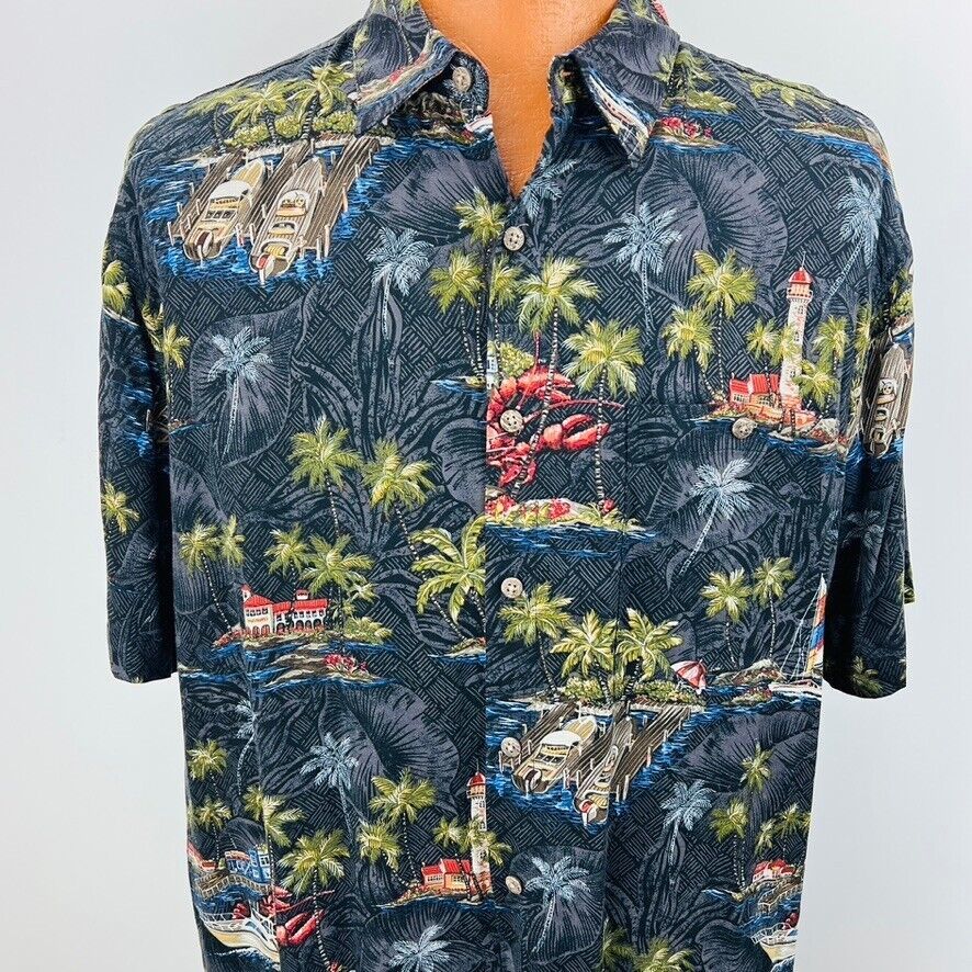 Campia Hawaiian Aloha XL Shirt Tiki Huts Boats Palm Trees Ocean Islands Tropical Item image 4