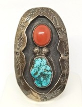 Native American Navajo Sterling Spiderweb Turquoise &amp; Coral Ring, Signed PVC - £98.85 GBP