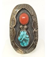 Native American Navajo Sterling Spiderweb Turquoise &amp; Coral Ring, Signed... - £99.79 GBP