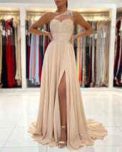Champagne Chiffon One Shoulder Evening Dress A Line Sheer Straps Appliqu... - $109.00