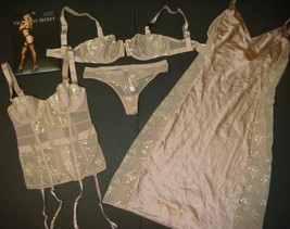 Victoria&#39;s Secret Unlined 32C Bra Set+Garter Corset+Slip Beige Brown Gold Foil - £112.42 GBP