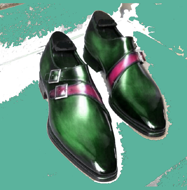 Adorable Green Patent Dual Color Buckle Strap Monk Leather Formal Wedding Shoes