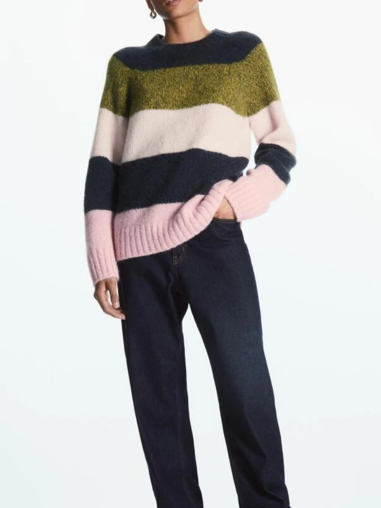 Women   Fall/Winter New Casual Loose Simple Contrast Color  Blend Knit Pullover - £128.16 GBP