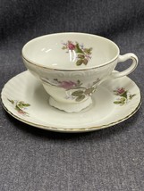 Moss Rose Tea Cup And Saucer Pink Red Gold Trim Porcelain Vintage - $7.70