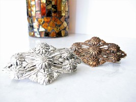 Copper plated brass or silver metal flower filigree hair clip barrette - £15.88 GBP