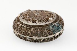 Silver Filigree Antique Pill Box With Sunflower Pattern - $99.00