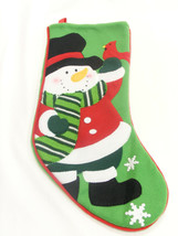 Green Felt Christmas Stocking w/ Felt Snowman w/ Knit Scarf Holding A Cardinal - £10.29 GBP