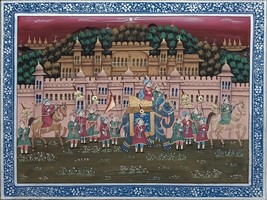 Royal Procession Miniature Handmade Art Indian Ethnic Folk Painting 10x7 In - £85.06 GBP