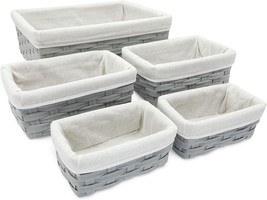 5 Pc. Lined Bins For Organizing Closet Shelves In Grey Wicker With Cloth Lining - £37.54 GBP
