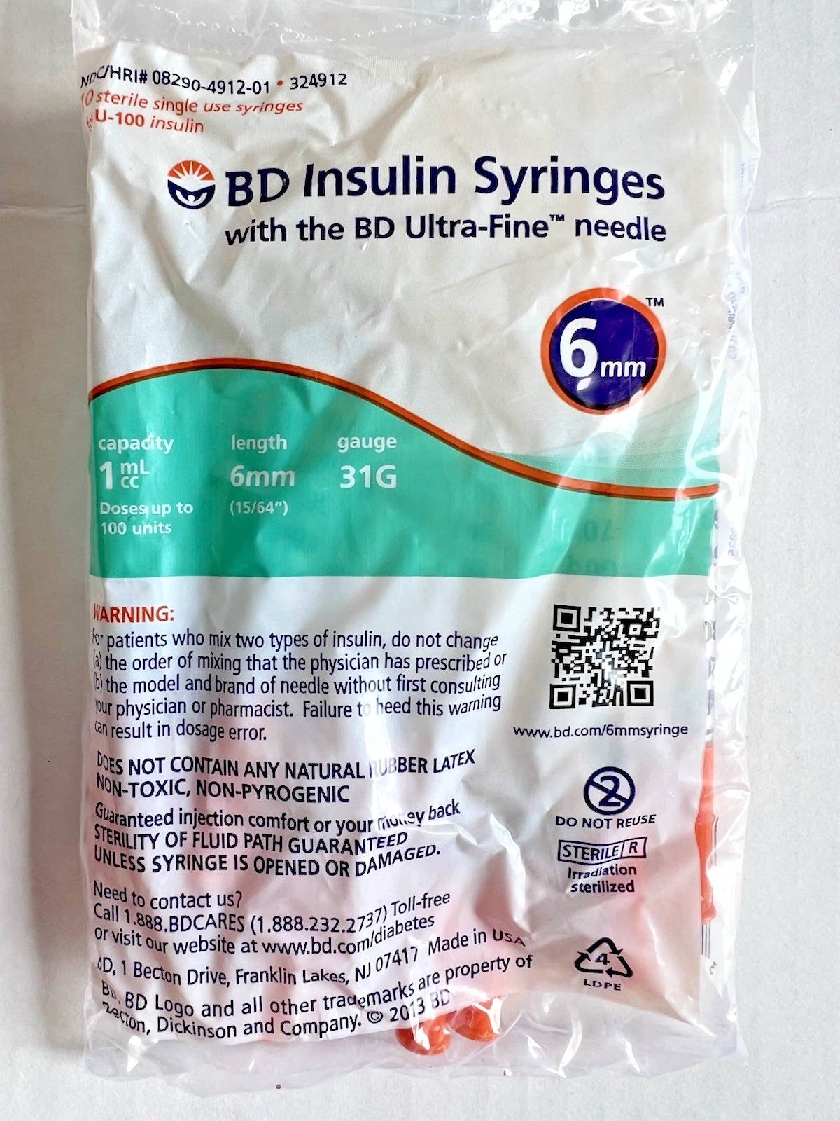U-100 1Ml Syringe with 31G 6mm Needles Individual Package Pack of 20 - $12.99