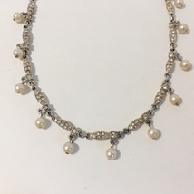 Drop Necklace White Faux Pearl Rhinestone Silver Tone Metal Adjustable Length - £27.97 GBP
