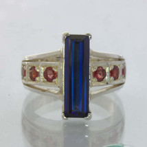 Lab Blue Sapphire Red Sapphires Handmade Silver Statement Ring size 9 Design 500 - £104.60 GBP