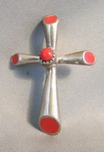 Unique Native American Zuni Sterling Silver Red Coral Inlay Cross Pendant - £107.89 GBP