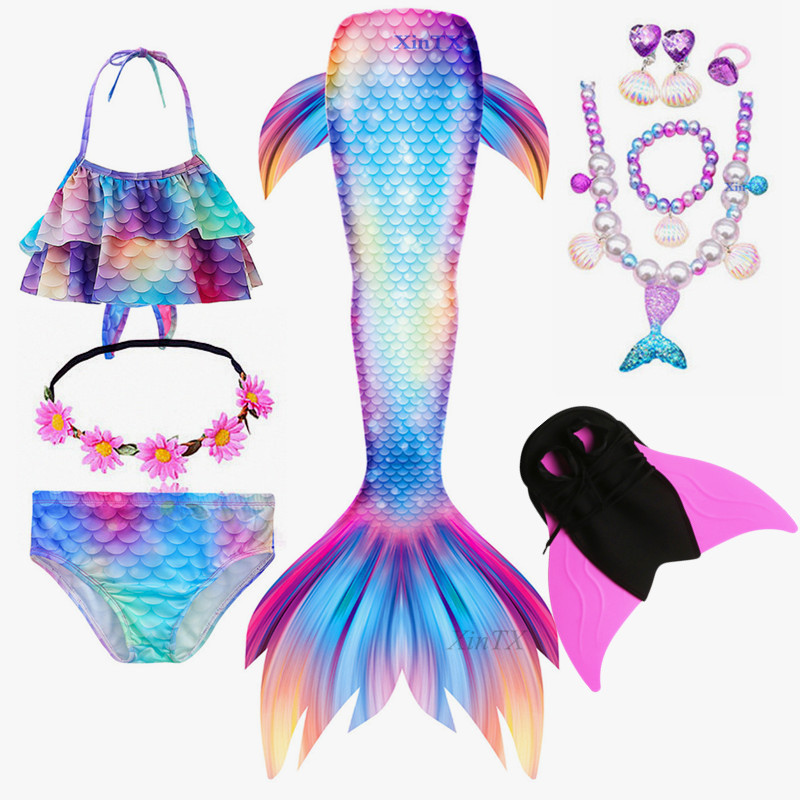 Girls Kids Mermaid Tails dress With Monofin Swimming clothes Bikini Set Costume