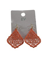 EV Earrings Lattice Metal Peachy Orange Enamel Dangle Teardrop Shape 2&quot; Long - £11.72 GBP
