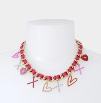 Betsey Johnson XOXO Heart Chain Necklace Fuchsia - £86.82 GBP