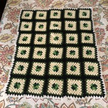 Hand Crocheted Black, Green, White, Cream Afghan Granny Square 38 x 45 Rosanne  - £22.13 GBP