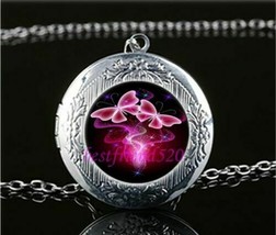 Pink Butterflies Cabochon LOCKET Pendant Silver Chain Necklace USA Ship #18 - £11.81 GBP
