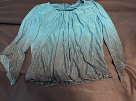 Sara Michelle Ombre Teal Sparkle Blouse Medium Sheer Long Sleeve Glitter... - $9.08