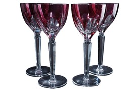 4 Bohemian 6 Panel Cranberry Overlay Wine goblets - £224.83 GBP