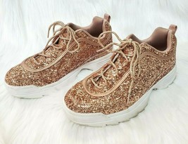 Liliana Womens Sz 8.5 Rose Gold Glitter Sneaker Shoes Lace Up - £14.85 GBP