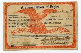 Fraternal Order of Eagles For Life Membership Certificate Receipt on Clo... - £29.59 GBP