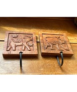 Lot of 2 Carved Wood Circus Elephant and Monkey Square Wooden Wall Hooks... - $13.09