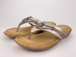 Minnetonka Silverthorne 360 Thong Wedge Sandal Womens 9 M Metallic Taupe Leather - £30.32 GBP