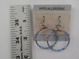 HOOP EARRINGS PERIWINKLE &amp; GOLD BEADED ROUND DANGLE FISHHOOK FASHION JEW... - £4.03 GBP