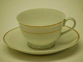 Vintage Porcelain Tea Cup &amp; Saucer Set White w Gold Trim Crown M Logo Japan - £17.12 GBP