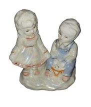 Vintage Blue Ceramic Figurine Girl and Boy Playing Drum Gold trim Colonial - £12.02 GBP