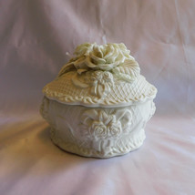 White Powder Jar or Trinket Dish with Three Dimensional Flowers # 21581 - $18.76