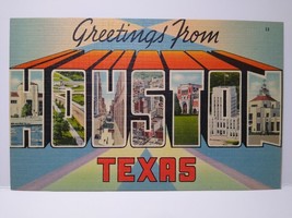 Greetings From Houston Texas Large Letter Linen Postcard Unused Pastel Rainbow - £15.81 GBP