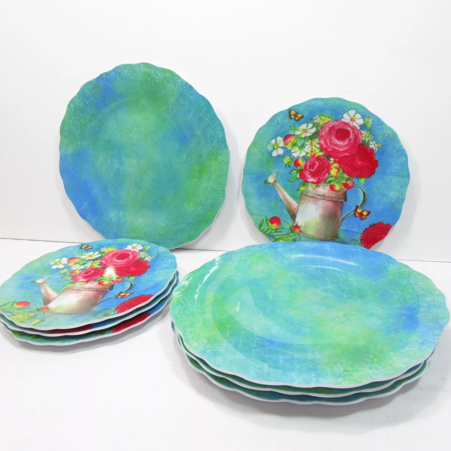 Merritt Garden Delight Floral Blue Scallop 8-PC Melamine Dinner and Salad Plates - $54.00