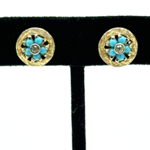 PANETTA faux turquoise rhinestone clip-on earrings - vintage round gold-tone - $35.00