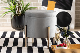 Desma Gray Velvet Fabric Upholstered and Gold Finished Metal Storage Ott... - $1,052.30 MXN