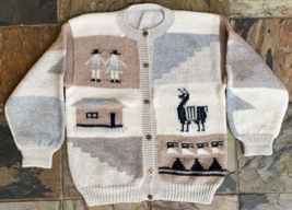 Alpaca Knit Gray Tan Cardigan-Wood Buttons-Geometric-Vintage - $37.40