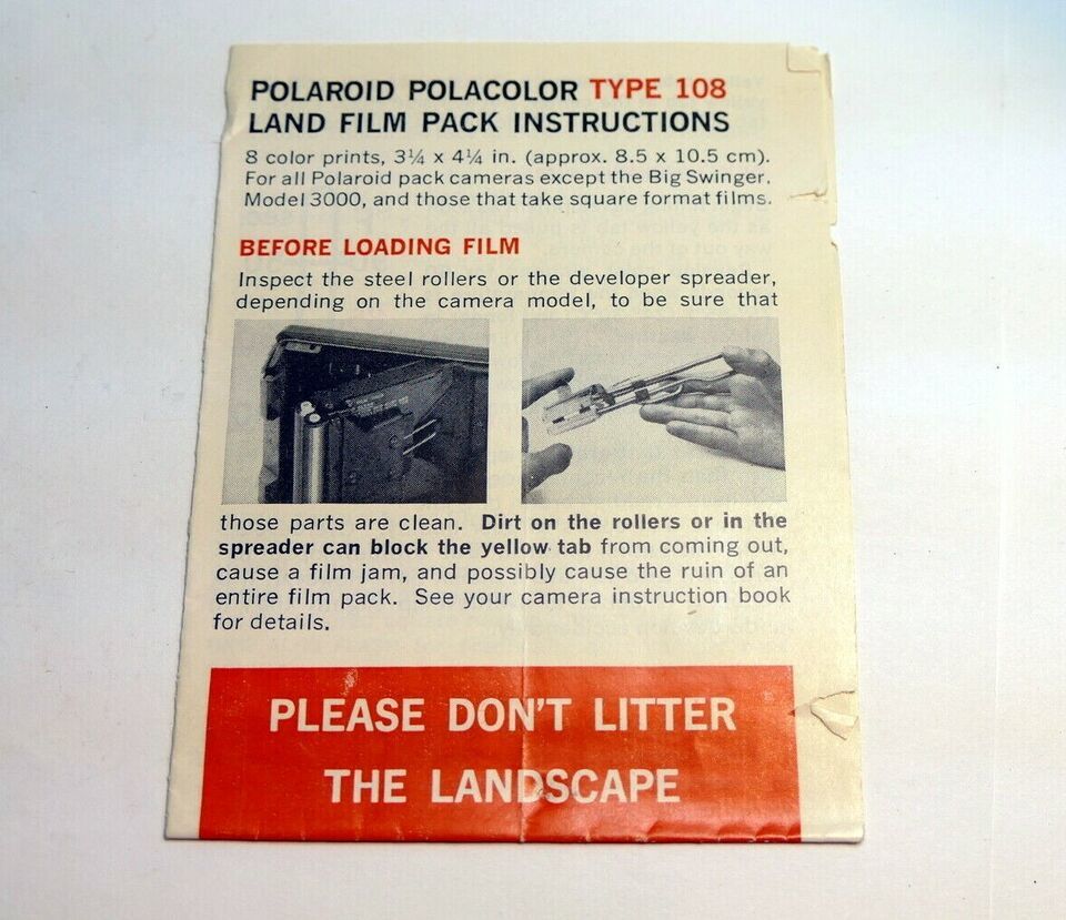 Brochure for Polaroid Type 108 Land film 3 1/4 X 4 1/2 &quot; pack instructions - $11.37