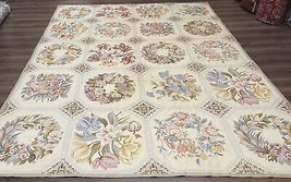 Vintage Needlepoint Rug 8x11 Floral Panel Design Flatweave Handmade Wool Carpet - £1,220.56 GBP