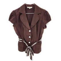 Studio 1 Womens Button Up Shirt Brown Short Sleeve Collar Belted Trim Re... - £11.06 GBP