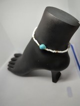 White Handmade Beaded Anklet Bracelet With Turquoise Nugget 8 1/2&quot; NWT - £10.49 GBP