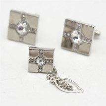 Vintage Cuff Links and Tie Tack Pin Silver Tone w/ Jewel - £29.41 GBP